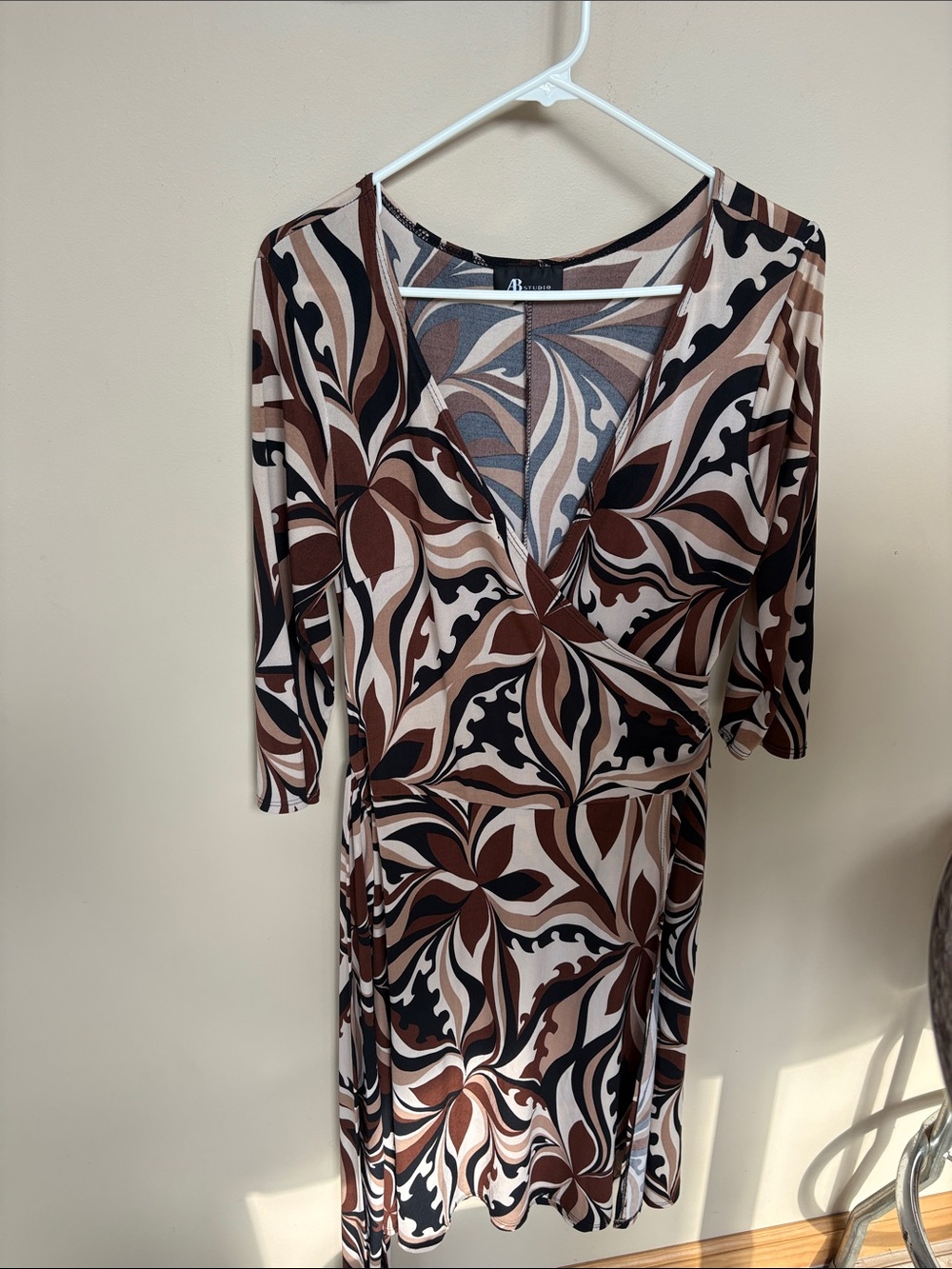 AB Studio Brown, Black & Cream Wrap-Style Floral Midi Dress